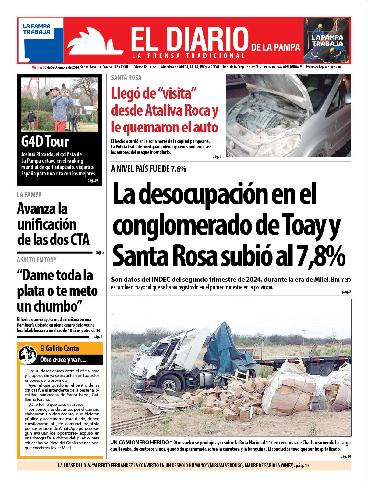 Tapa de El Diario en papel  viernes 20 de septiembre de 2024